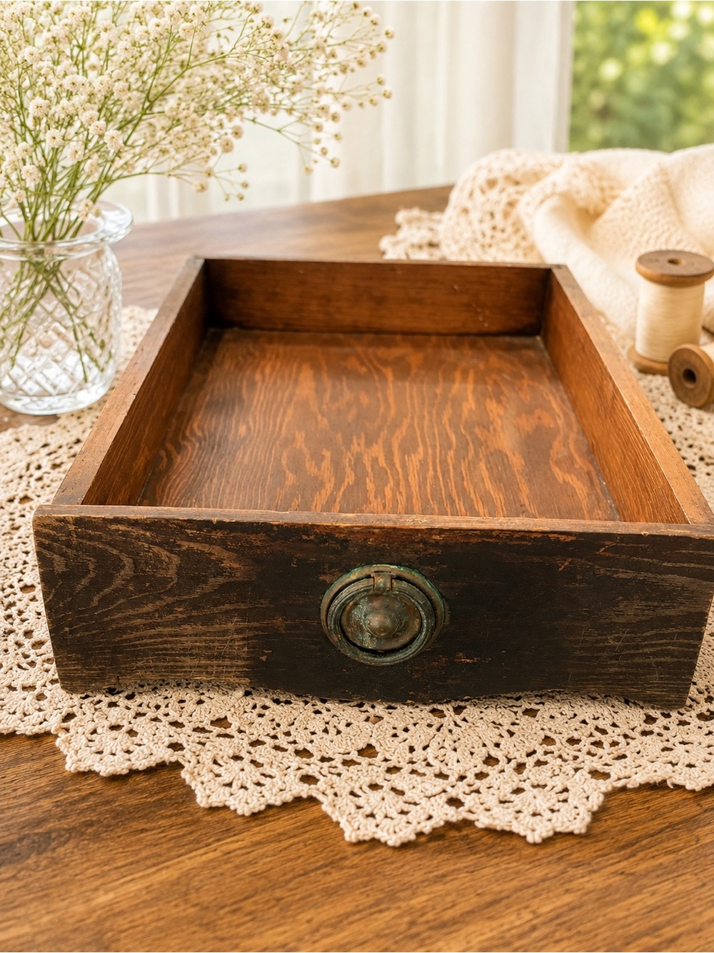 Vintage sewing machine drawer Wooden Tray with Brass Pull - Dark Brown
